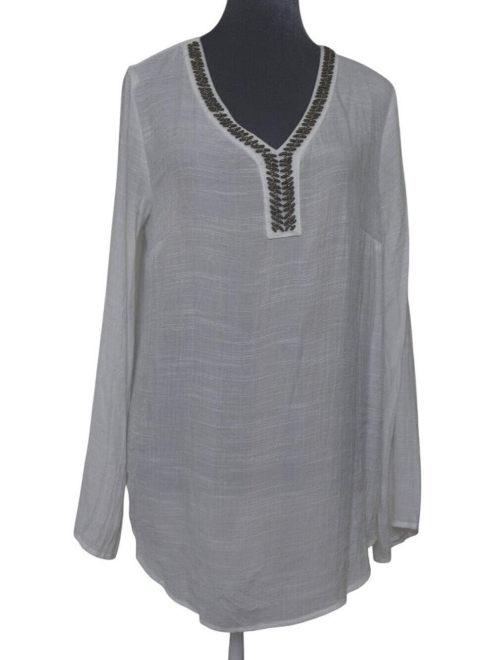 B-Design White Beaded Tunic Top L Boho Semi Sheer Long Sleeve Coastal Beaded EUC